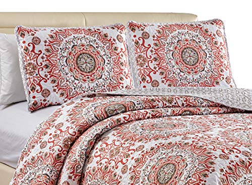 Home Collection 3Pc King/California King Quilted Bedspread Set Floral Bedding Coral Salmon Sage Green Grey Taupe New #TOP1