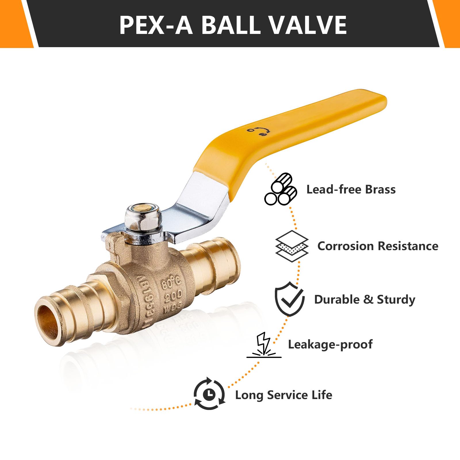 HeSun 10 válvulas de bola de expansión PEX A, válvula de cierre de latón de 1/2 pulgada para agua caliente y fría, compatible con tubo de expansión PEX-A, ASTM F1960, amarillo
