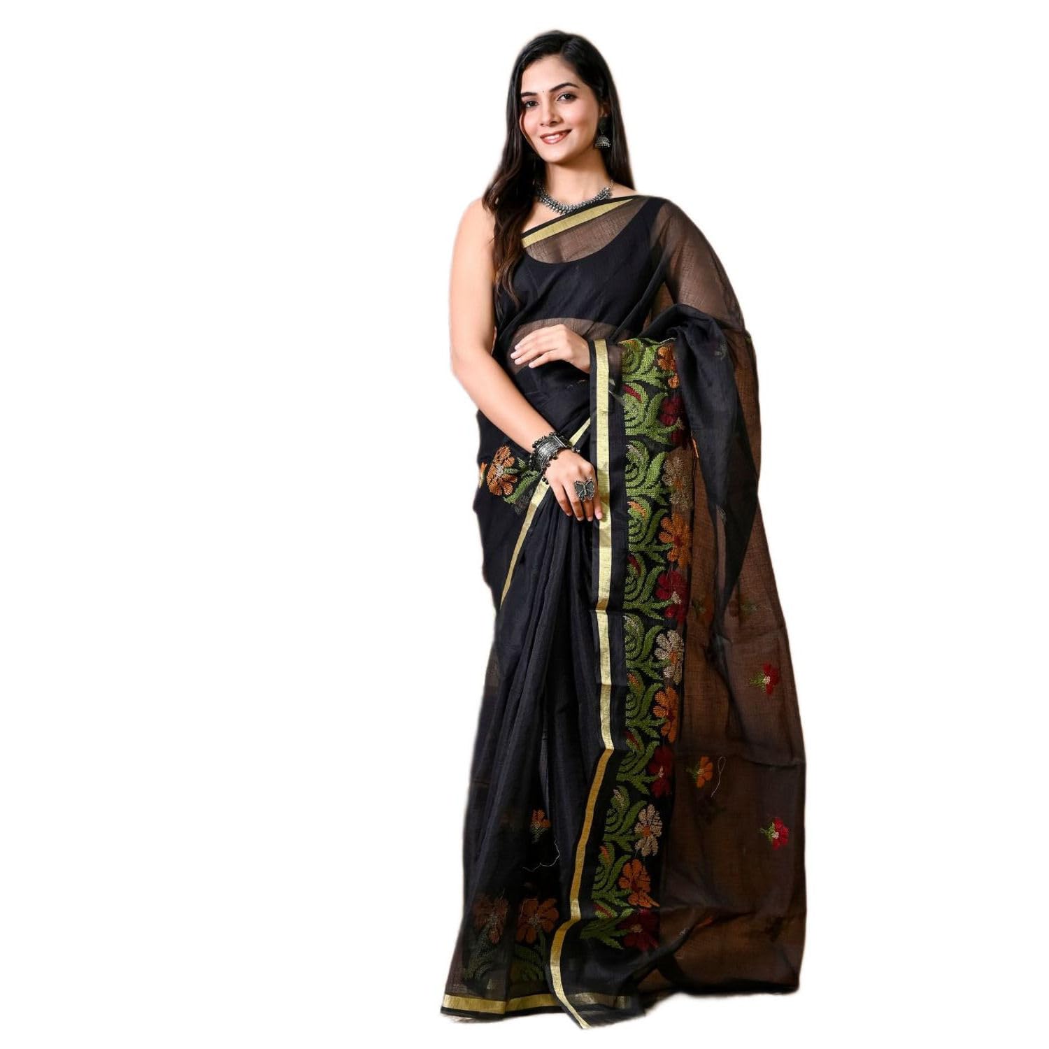 Embroidered, Floral Print Kota Doria Cotton Blend Saree (Black) | Traditional Indian Ethnic Wear for Women | Lightweight Comfortable Fabric | Elegant Design-image-17