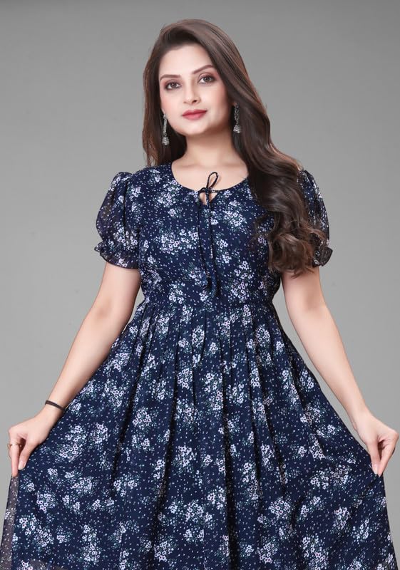 Image of Women's Printed Georgette Regular Fit Round Neck Short Sleeve Fancy Flare Long Dress