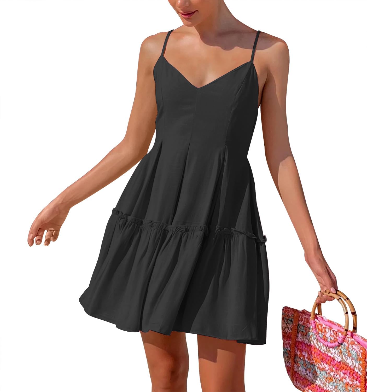 FANCYINN Women's Summer V Neck Casual Swing Short Dress Spaghetti Strap Tiered Backless Dresses with Pockets