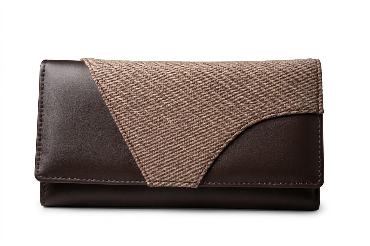Women's Hand Clutch Wallet, Brown, Leather and Woven Fabric, with Card Slots, ID Window and Zip Pocket-image-24