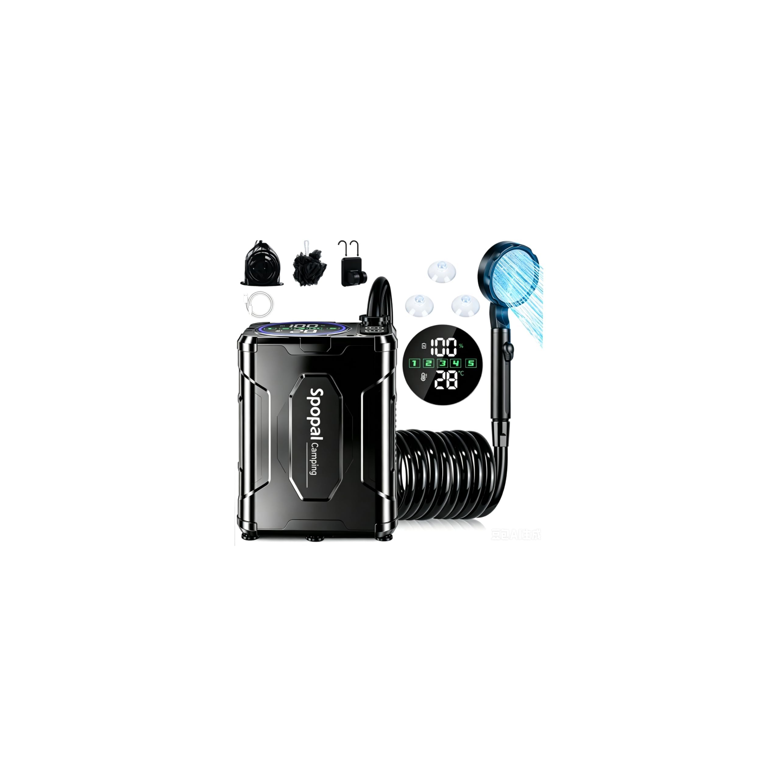 Spopal Portable Shower for Camping, [Upgraded] 13000mAh Rechargeable Camping Shower with 4 Adjustable Speeds, Premium LED Temp Display, IPX8 Waterproof Outdoor Shower Kit for Hiking, Car, Pet, Travel-image-5