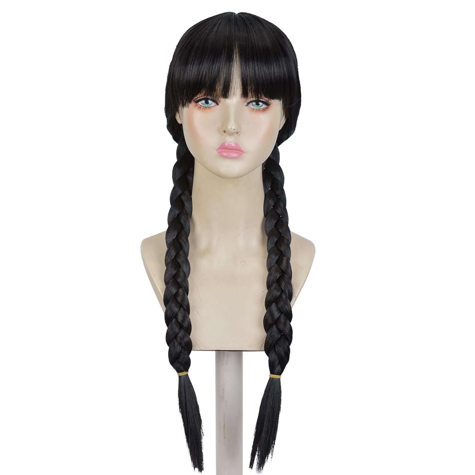 Photo 1 of Aeilene Wednesday Long Black Braids Wig with Bangs and Pigtails for Party Costume Halloween