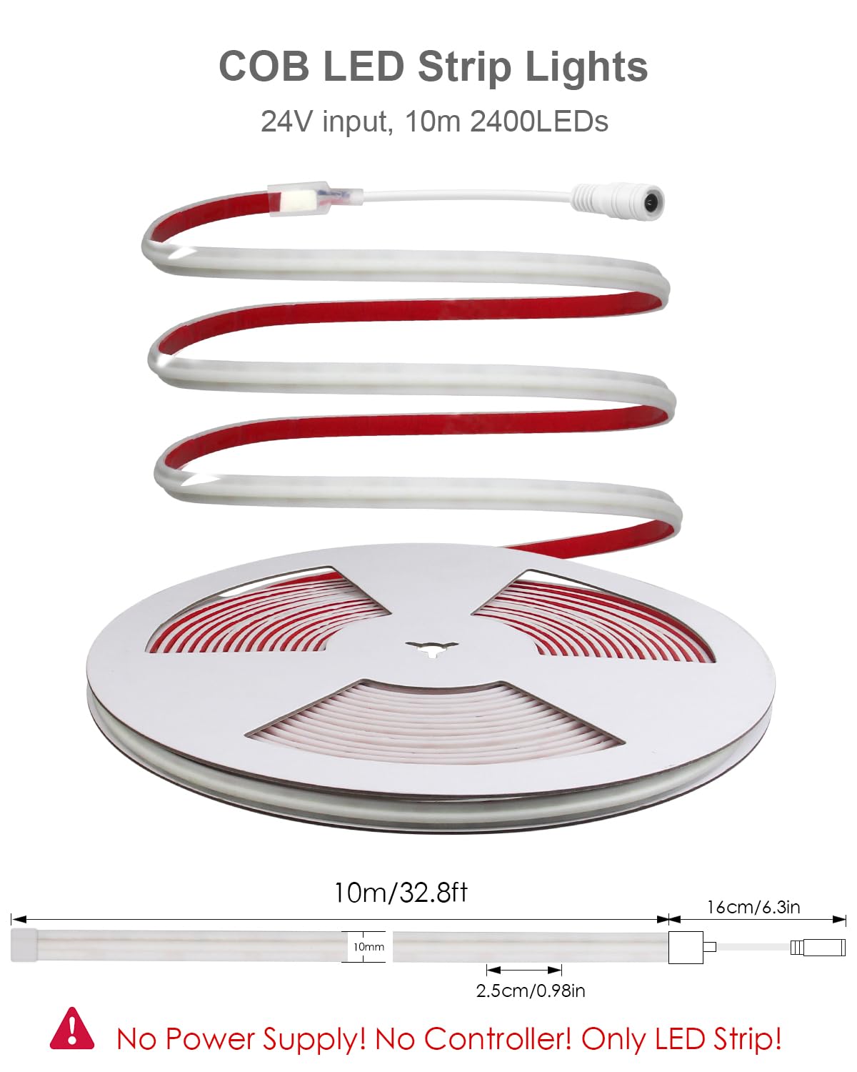 ALITOVE Striscia LED da 10 m, per esterni, impermeabile, 24 V, bianco freddo, autoadesiva | Striscia LED COB, IP68, 6000 K, 240 LED/m, per casa, giardino, terrazza, grondaia, senza alimentatore e dimmer