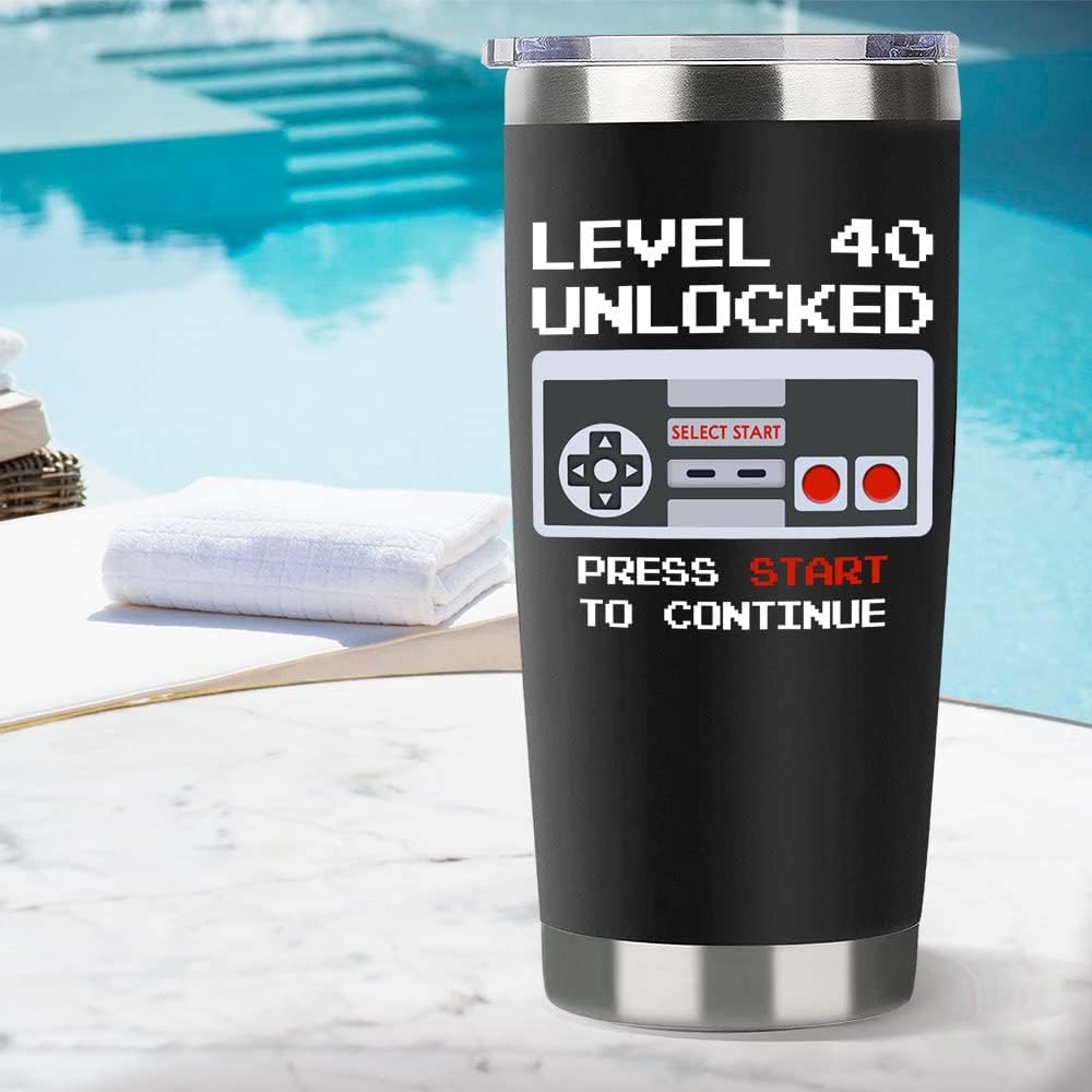 40th Birthday Gifts Men Birthday Gifts For Him 20oz Level 40 Unlocked Wine Tumbler Gifts For Video Game Lovers Husband Boyfriend Teen Boys Bday Xmas Party Presents Black Travel Cup With Straw - Image 5