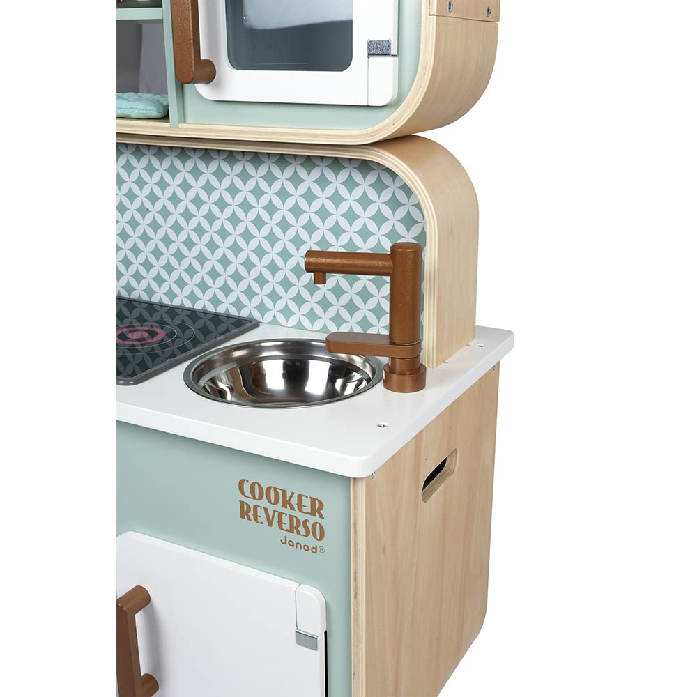 Janod - Cucina Bifacciale Cooker Reverso - Mini Cucina in Legno per Bambini a 2 Lati - Cucina Giocattolo Luminosa e Sonora - con 7 Accessori - da 3 a 8 Anni, J06594