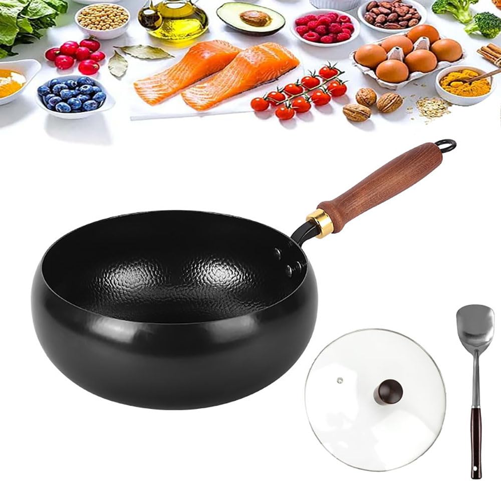 pentola wok in ghisa 26 cm, forgiatura tradizionale, non rivestita | antiaderente naturale, resistente e antiruggine, compatibile gas e induzione, con coperchio in vetro, design martellato