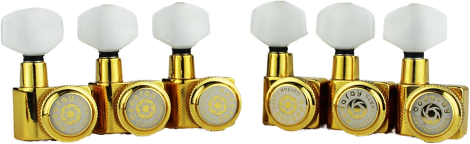 6 In-line Guitar Locking Tuners, 1:18 Gear Ratio Lock String Tuning Key Pegs Machine Heads Replacement, Gold, Pearl Button