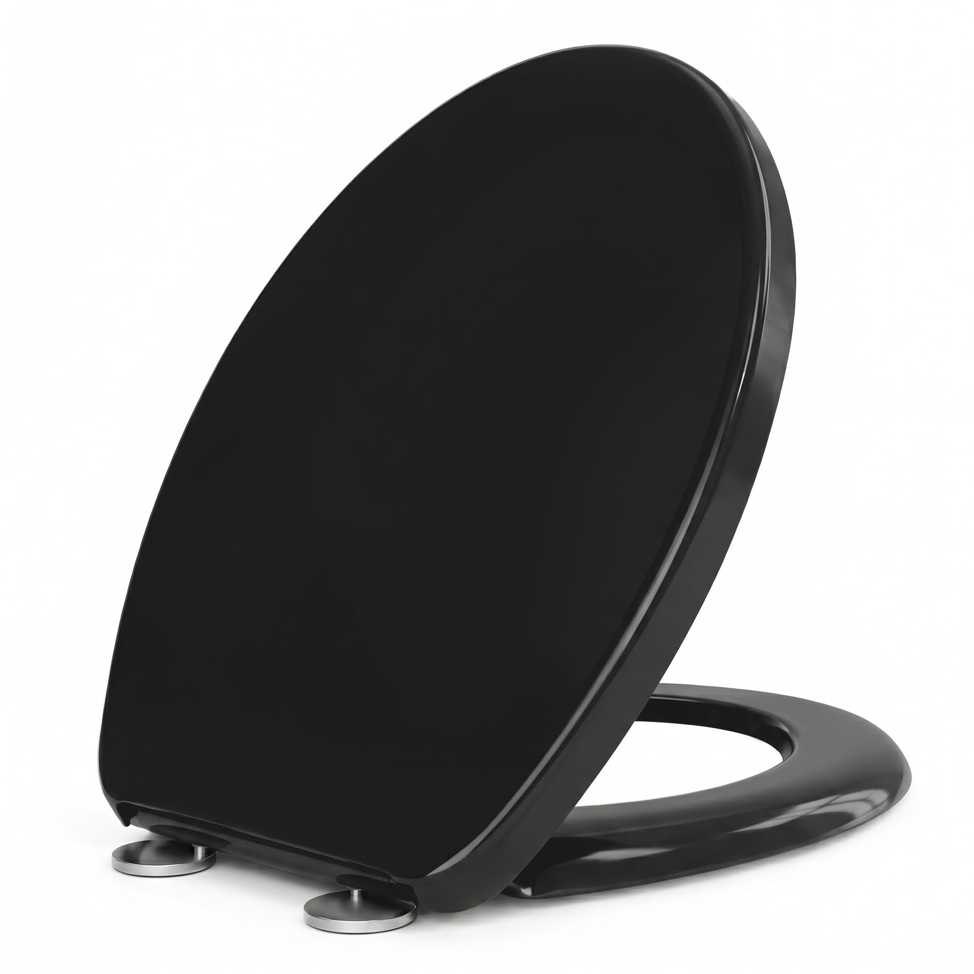 Soft Close Black Oval Toilet Seat, Quick Release Toilet Seat with Easy-Clean Hinges, Standard Loo Seat with Simple Top Fixing, Non-Slamming