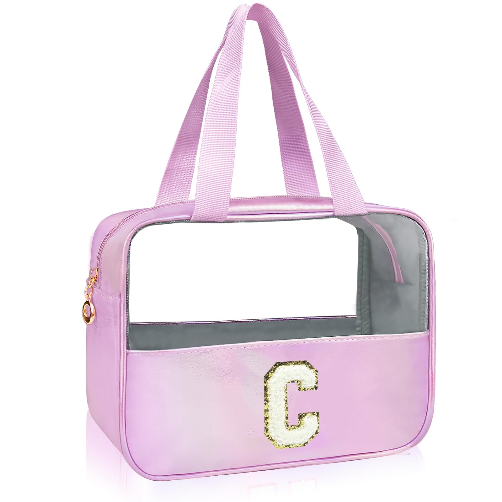 Junesters Personalized Initial C Clear Purple Makeup Bag - Large Travel Toiletry Bag, Cute Cosmetic Organizer Set for Girlfriend, Teacher, Teen Girl