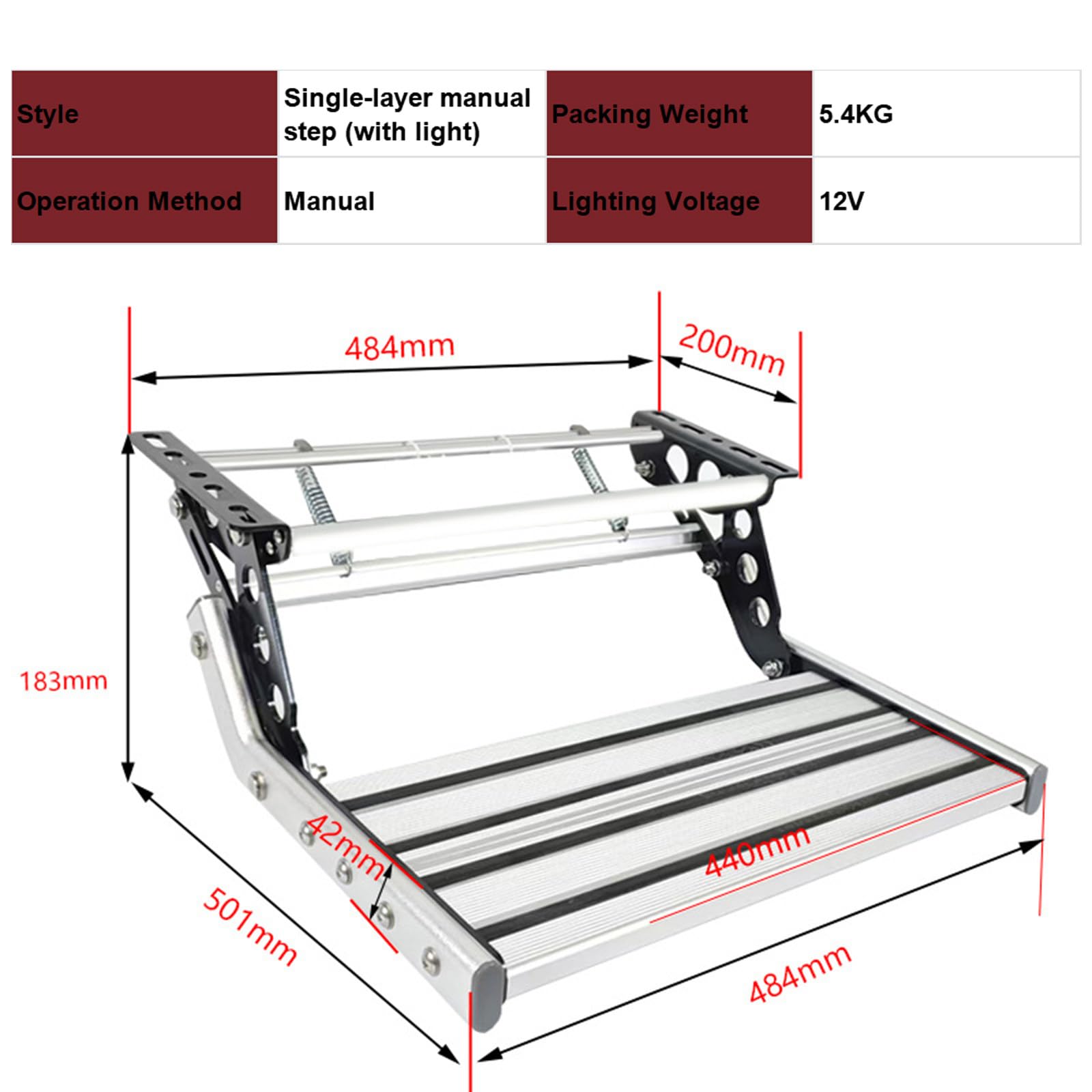Scalino Inferiore Ingresso Porta Camper, Sgabello Camper, Scalini Pieghevoli In Lega Alluminio Camper, Capacità Carico 440 Lbs 200 Kg, Per Camper Autocaravan Caravan Single-layermanual(withlight)