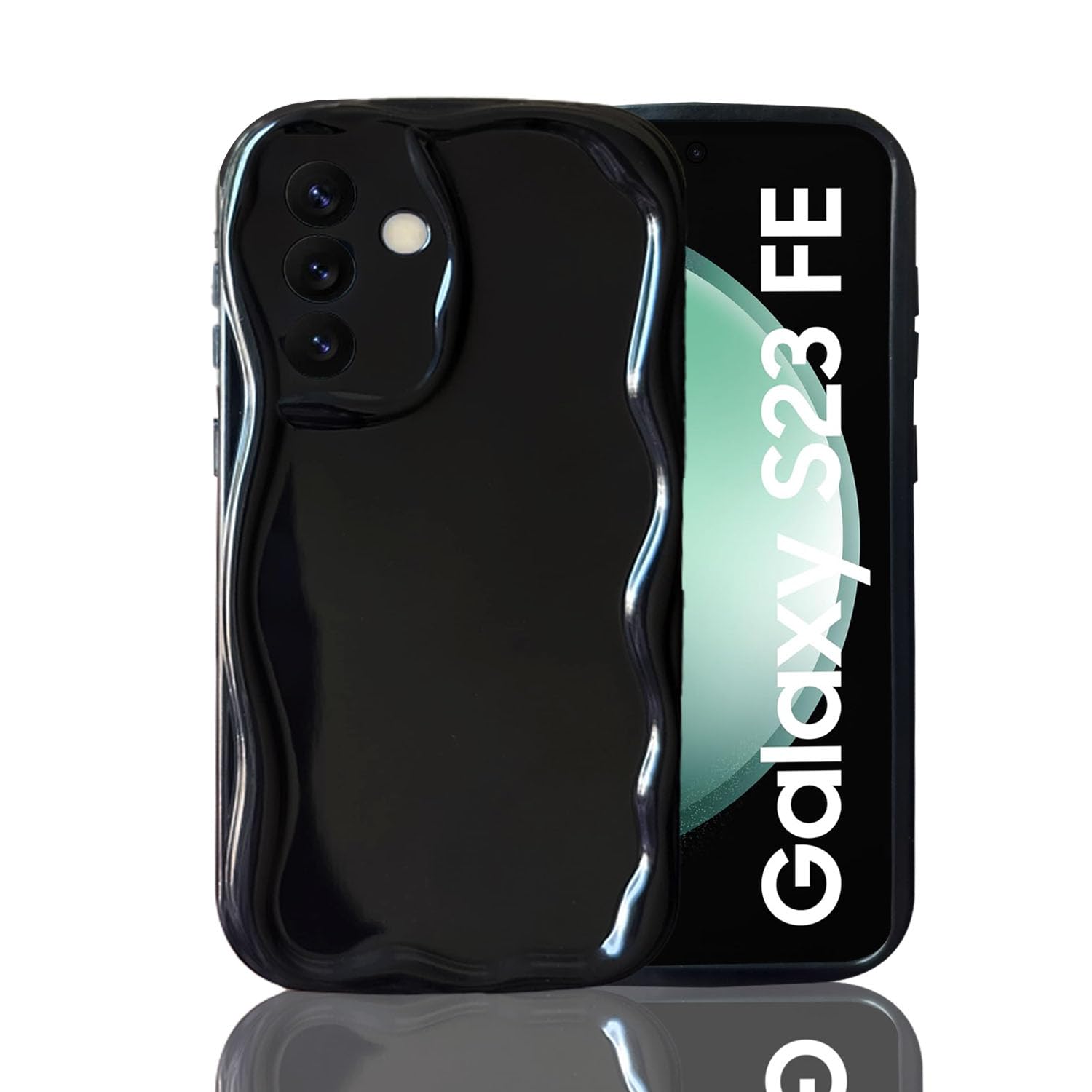 KC Back Cover for Samsung Galaxy S23 FE 5G - 3D New Curly Wave Frame Shape Shockproof Bumper Soft Silicone Case with Camera Protection (Black)