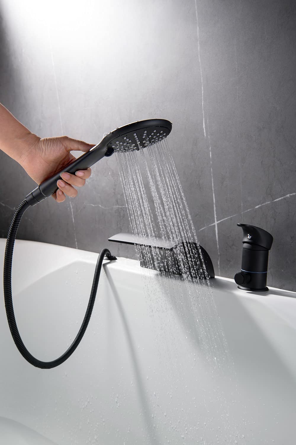 HOIGY Robinet De Baignoire Romaine Cascade, Robinets De Baignoire En Laiton De 15,2 à 40,6 Cm, 3 Trous, Robinet De Baignoire Noir à Haut Débit 2