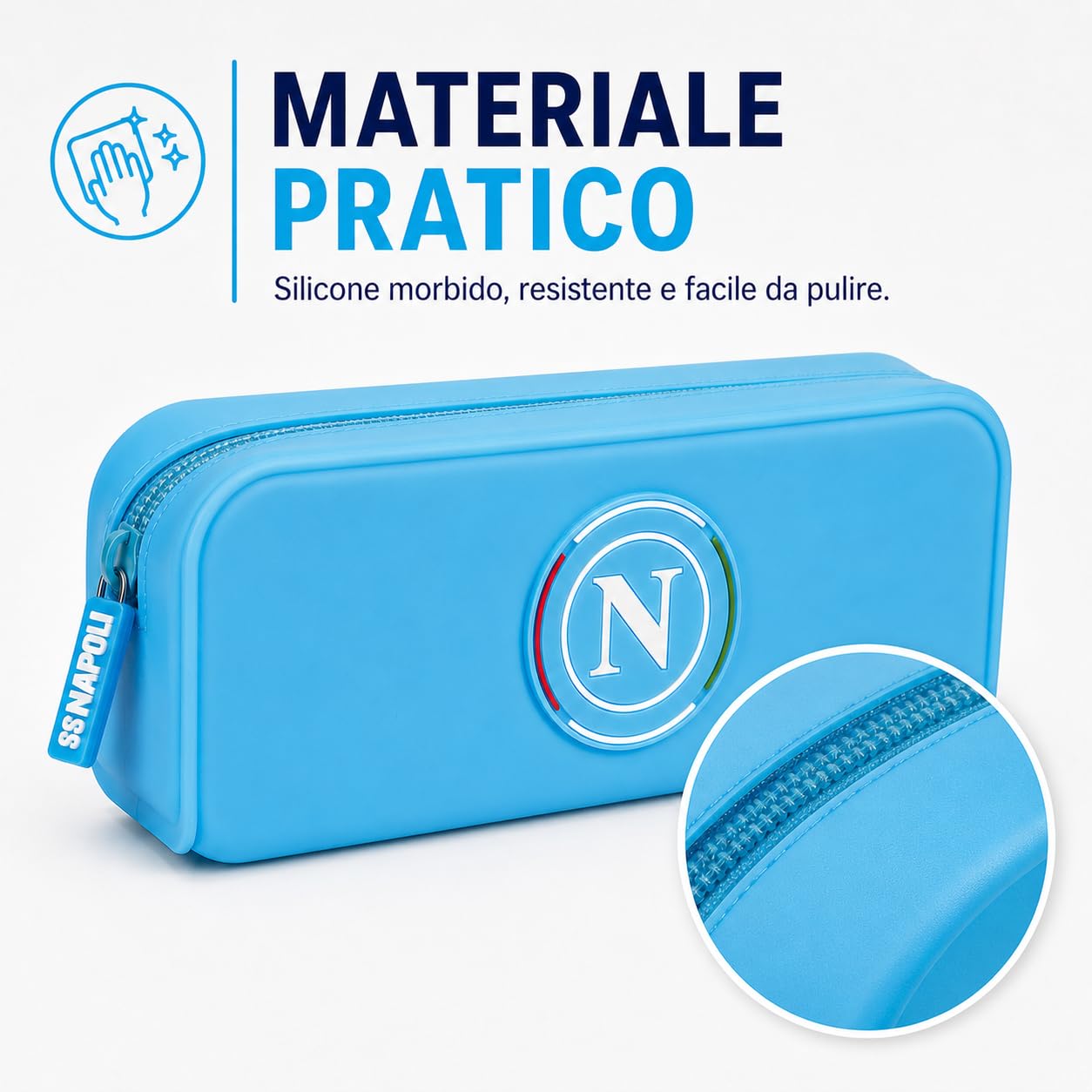 Colourbook Astuccio SSC Napoli Azzurro Silicone Lavabile Portapenne Scuola Logo 3D Zip Gadget Calcio 19,5x7x5,5 cm