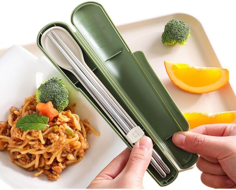 便携餐具筷子勺子 Stainless Steel Long handled soup spoons，Spoons,Meal spoon 套装学生餐具三件套收纳盒不锈钢筷单人装餐具盒 Household Cleaning，Kitchen Storage Essentials