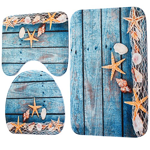 Awakingdemi Toilet Floor Rug 3pcs Ocean Underwater World Anti Slip Toilet Pattern Carpet Bathroom Mat (Starfish)