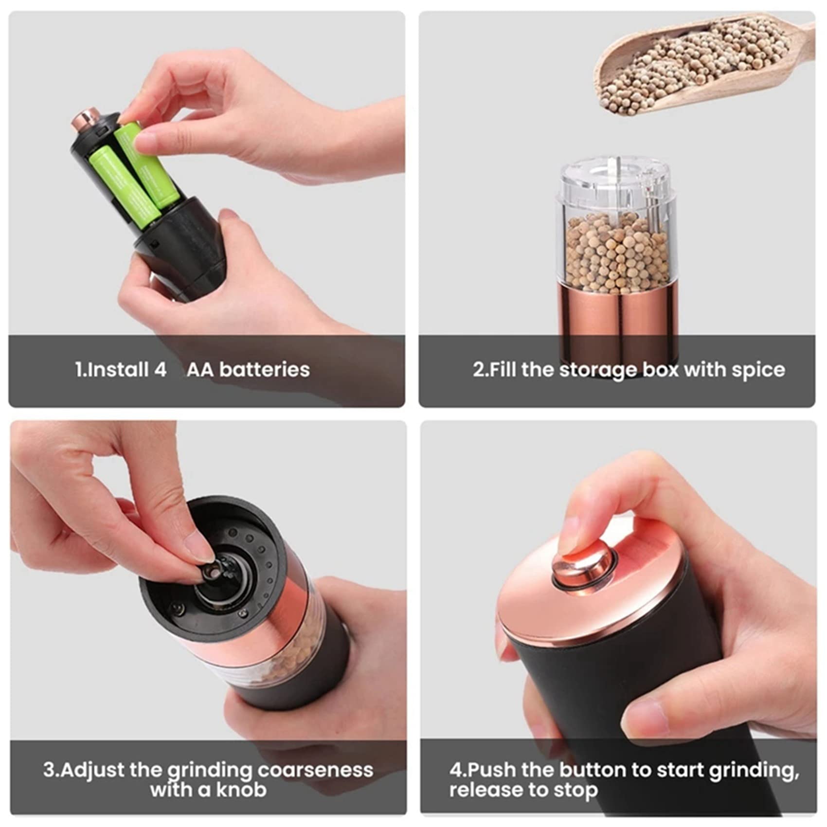 4Pcs Automatische Salz Pfeffer Grinder Elektrische Gewürzmühle Batteriebetrieben Einstellbare Grobheit Pfeffermühle Küche -Schwarz