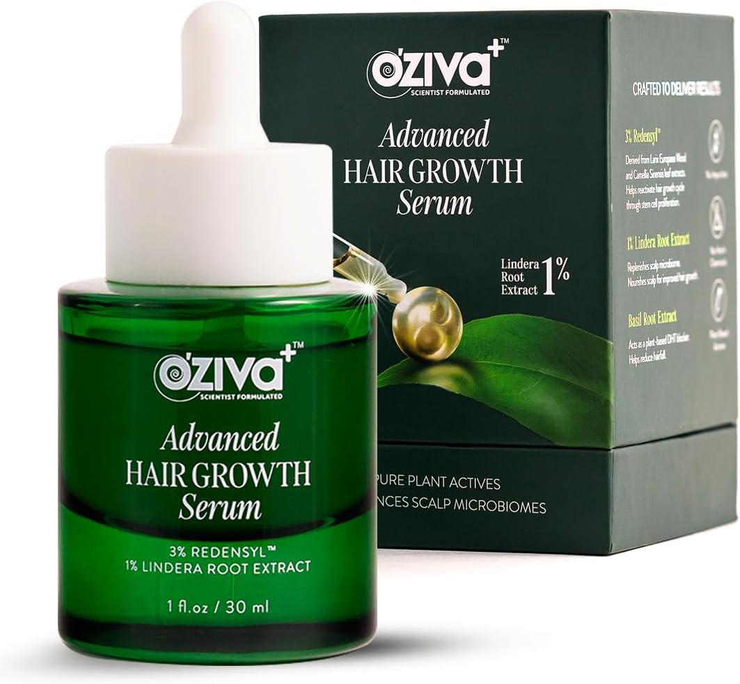 - OZiva+ Advanced Hair Growth Serum with 3% Redensyl & 1% Lindera Root Extract | Balances Scalp Microbiome & Activates Hair Growth | Scientist Formulated with Pure Plant Actives | No side effects | 30ml
