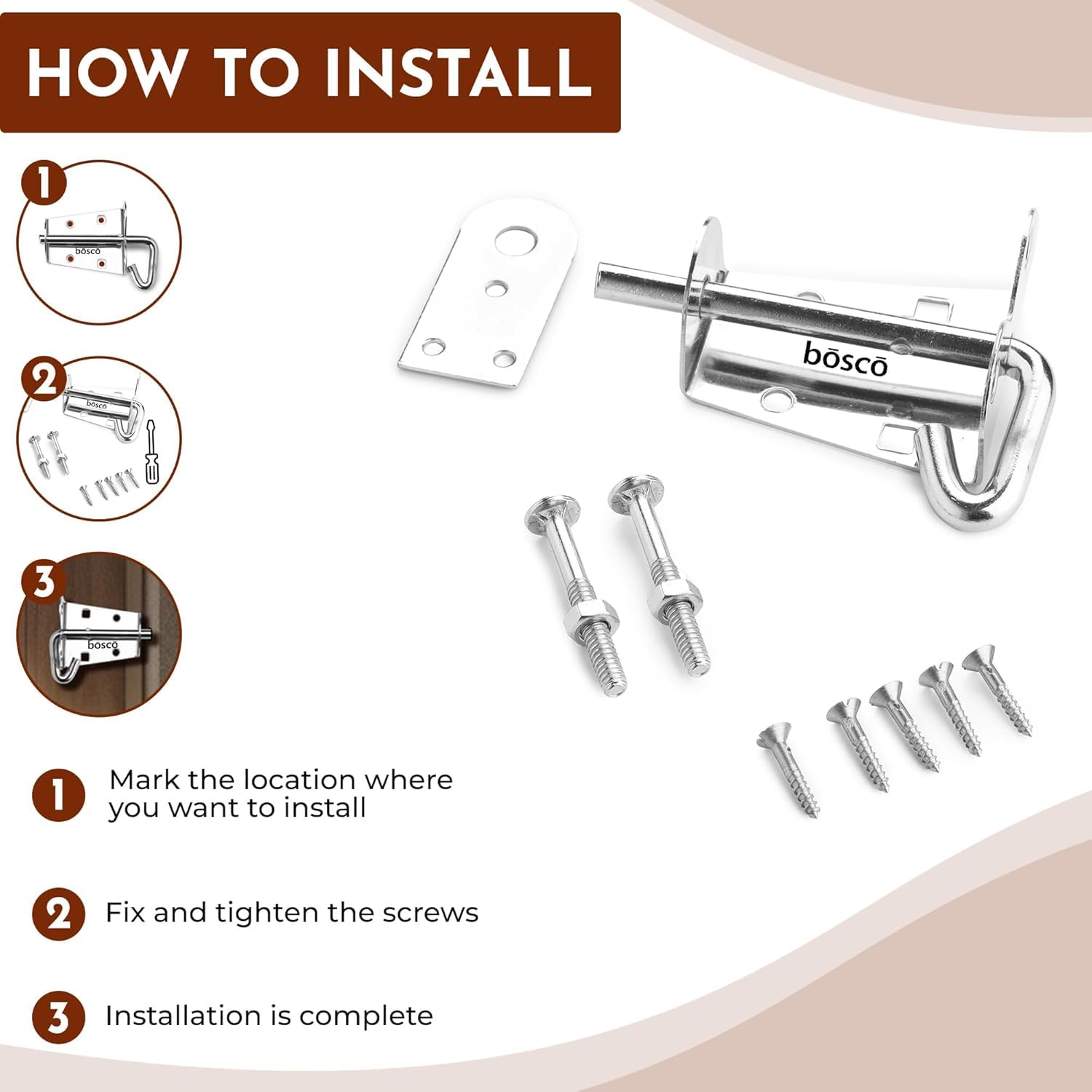 BOSCO® Locking Bolt Set of 2 | Heavy Duty Tower Bolt Latch Lock for Door, Window, Bathroom, Kitchen, Home & Office | MS Chrome Finish | Easy to Install | Premium Door Fittings — Amazon image 4