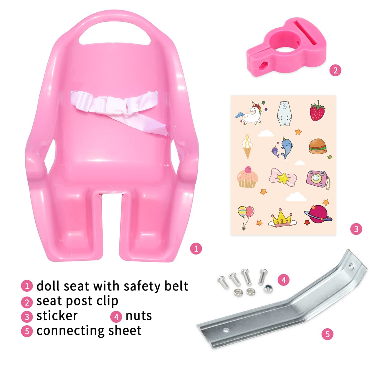 AVASTA Seggiolino per bicicletta per bambole per bambini, con adesivi fai da te a forma di unicorno, portabici per bambole, rosa