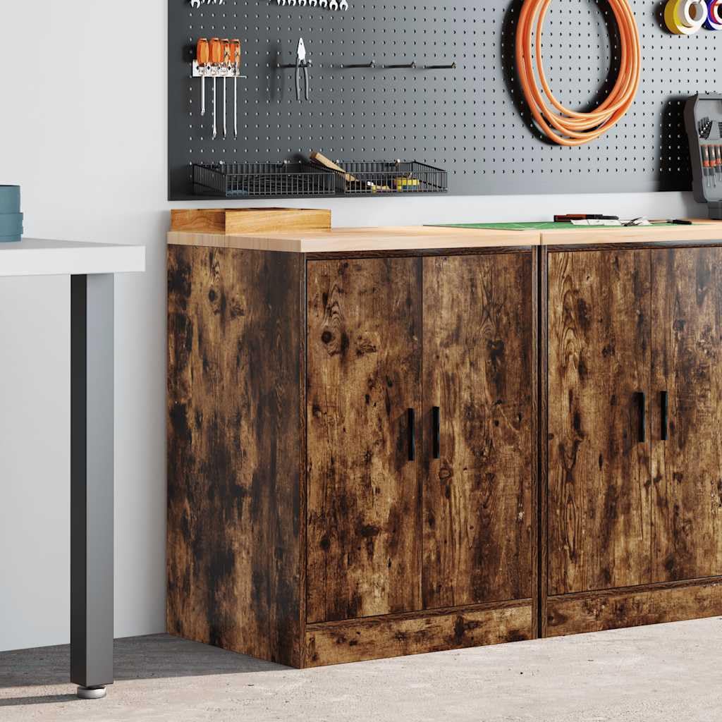Garagenschrank Räuchereiche 60x51x85 cm Werkzeugschrank mit Massivholz Kiefer Arbeitsplatte, Stabiler Aufbewahrungsschrank mit 2 Fächern für Werkstatt, Garage und Keller