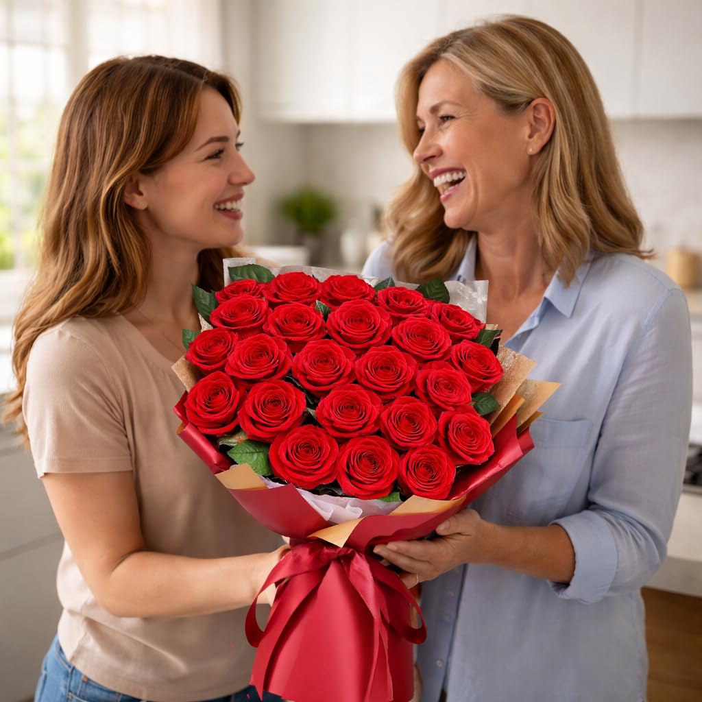 ADDWel Bouquet di Rosa Eterna e Bouquet di Fiori Eterno con 24 Rose Stabilizzate – Regalo Romantico per Donna Mamma Fidanzata o Moglie Compleanno Festa della Mamma San Valentino e Natale del mare