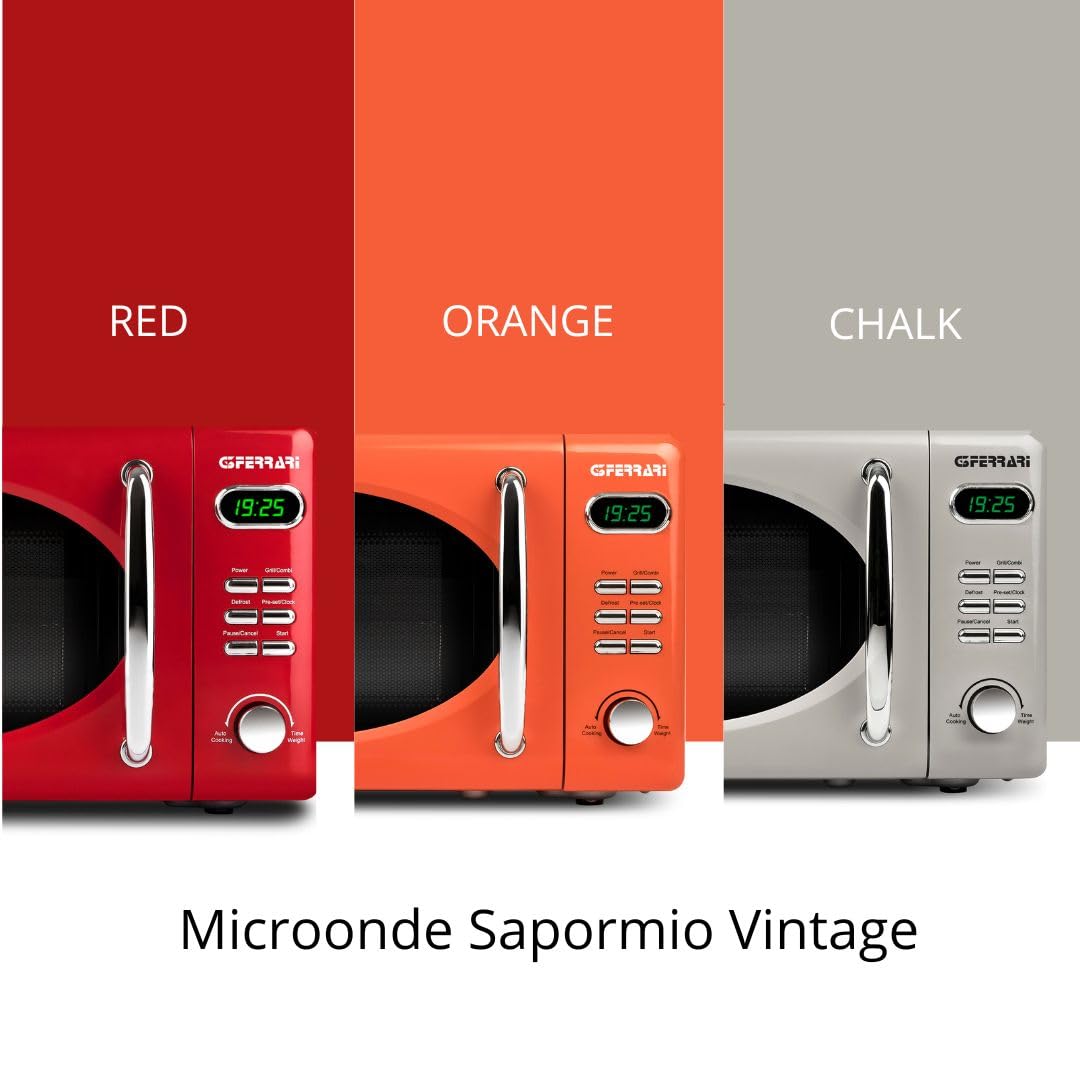 G3 Ferrari G10155 Sapormio Vintage, Digitaler Retro-Mikrowellenofen, 1150W, 20 Liter, 8 Programme, 4 Garfunktionen, inkl. Zubehör, 60-Minuten-Timer, Kreideweiß