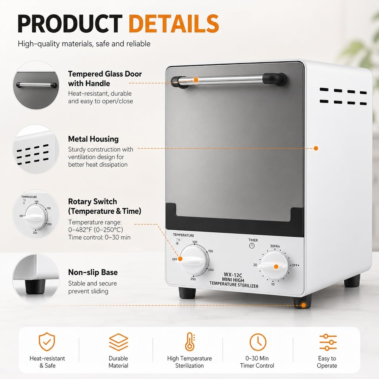 Heißluftsterilisator 12 L, Professioneller Trockensterilisator, Instrumentensterilisator 1000 W mit Doppelkammer, Temperaturregelung 0–250 °C & 0–30 Min Timer, Desinfektionsgerät für Instrumente