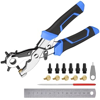 Heavy Duty Rotary Puncher, Diyife Leather Hole Punch Set for Belts, Blue | Double Lever Design, with 5 Replaceable Base, 6 Spare Punching Head, Durable, 6 Hole Sizes for Belts, Fabric, DIY Home