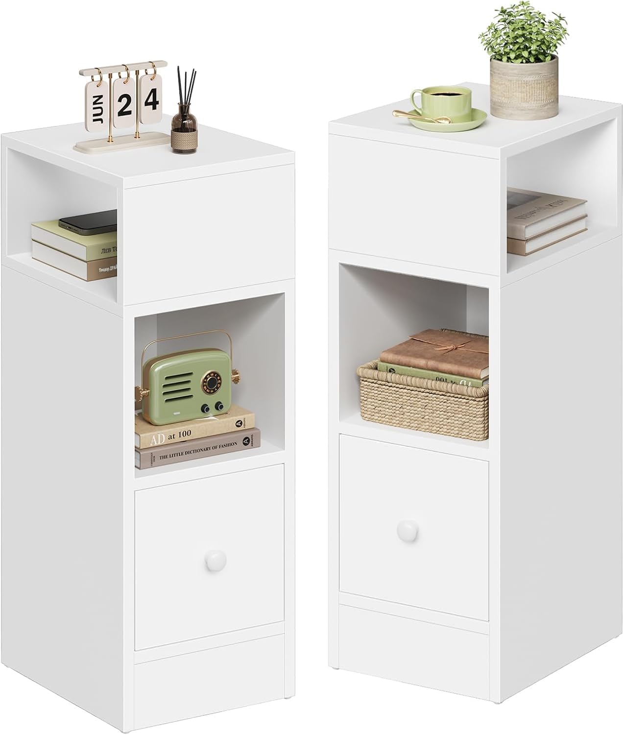 EUGAD Nachttisch schmal mit 2 offenen Ablagen 1 Schublade, schmaler Kleiner Nachtschrank im Schlafzimmer, 25x66x30 cm, Nachtkästchen Platzsparend, aus Holzwerkstoff