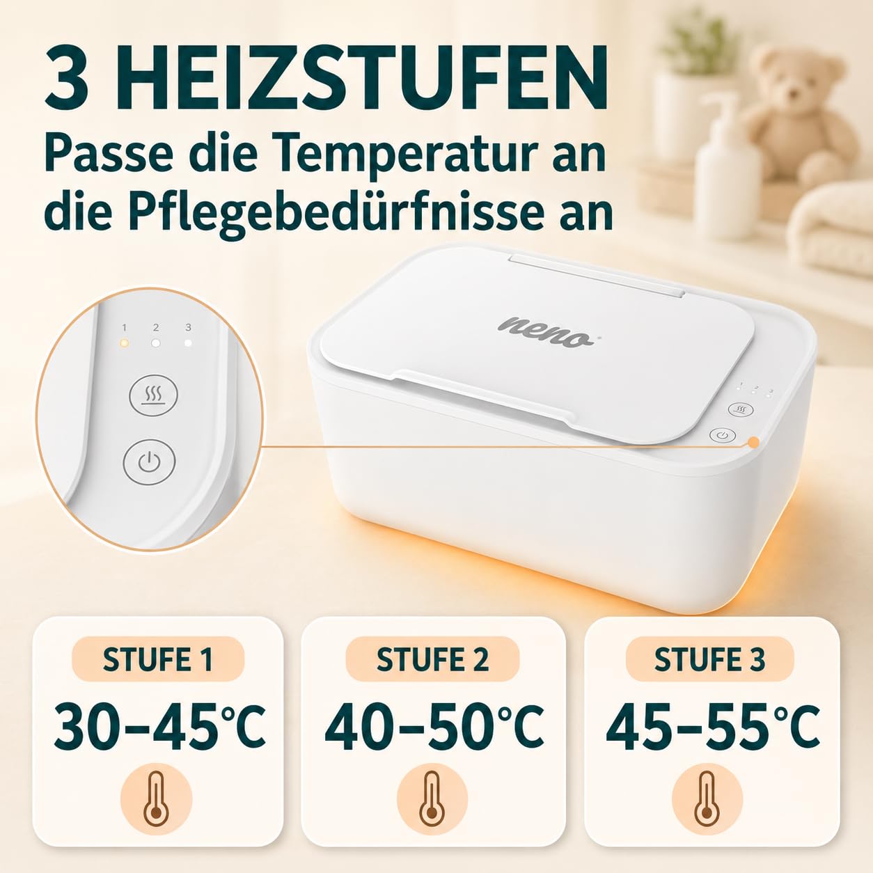 NENO Calor - Feuchttücher Baby Box Wärmer - Beheizte Feuchttücherbox - Feuchte Tücher 3 Heizstufen - Babytücher mit Warmerhaltung und Feuchtigkeit - Einfache Bedienung - Blitzschnelles Aufheizen
