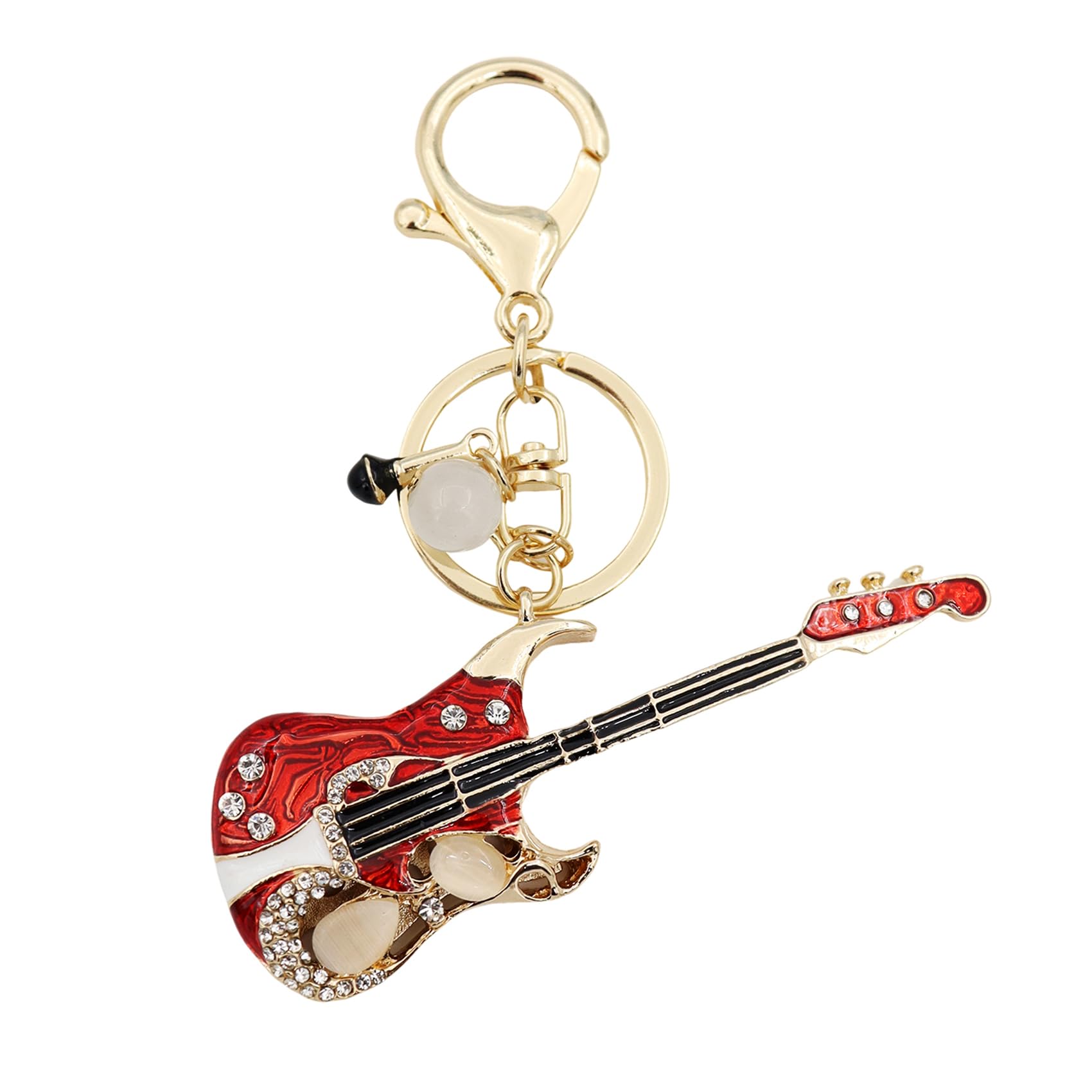 Elechobby Bass Guitar Keychain with Microphone Charm, Red and Gold Musical Instrument Key Ring