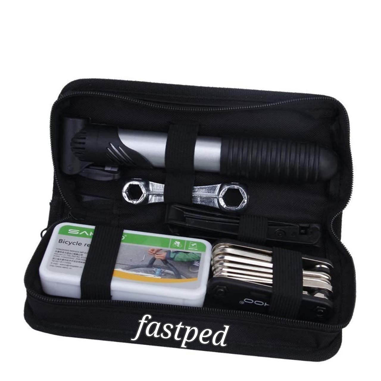 FASTPED® Bike Repair Multi-Tool Kit with Mini Pump Maintainence Inflator Double Saddle Canvas Bag