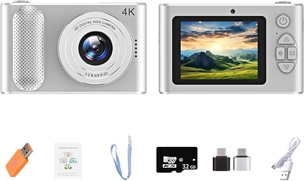 Digital Camera FHD 4K 44MP with 32GB Card 4X Zoom Anti Shake Compact Portable Small Cameras for Photography Point and Shoot Camera Gift for Teen Beginner Silver