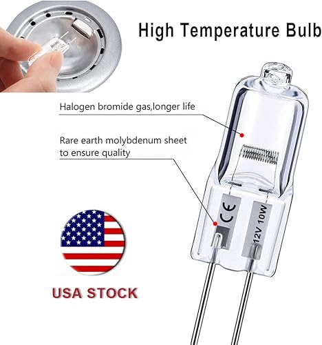 Miniatura 4 de Bombilla halógena G4, paquete de 10 bases bi-pin de 12 V, 10 W, alto rendimiento de 150 lúmenes, 3000 horas de vida útil, regulable, CRI100 y 2800 K
