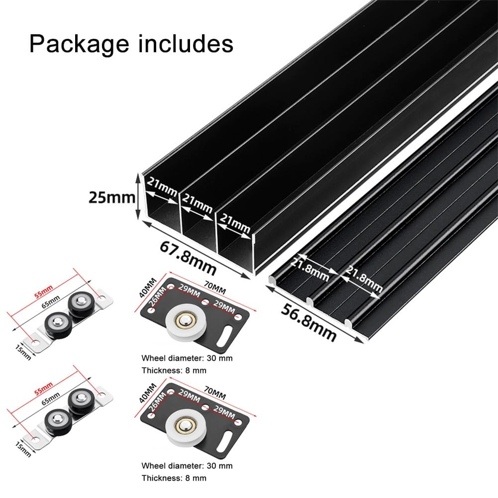 Zestaw szyn do drzwi przesuwnych, wytrzymały system osprzętu do trzypanelowego obejścia, aluminiowe szyny z cichymi rolkami, do drzwi szafy działowej 15-18 mm