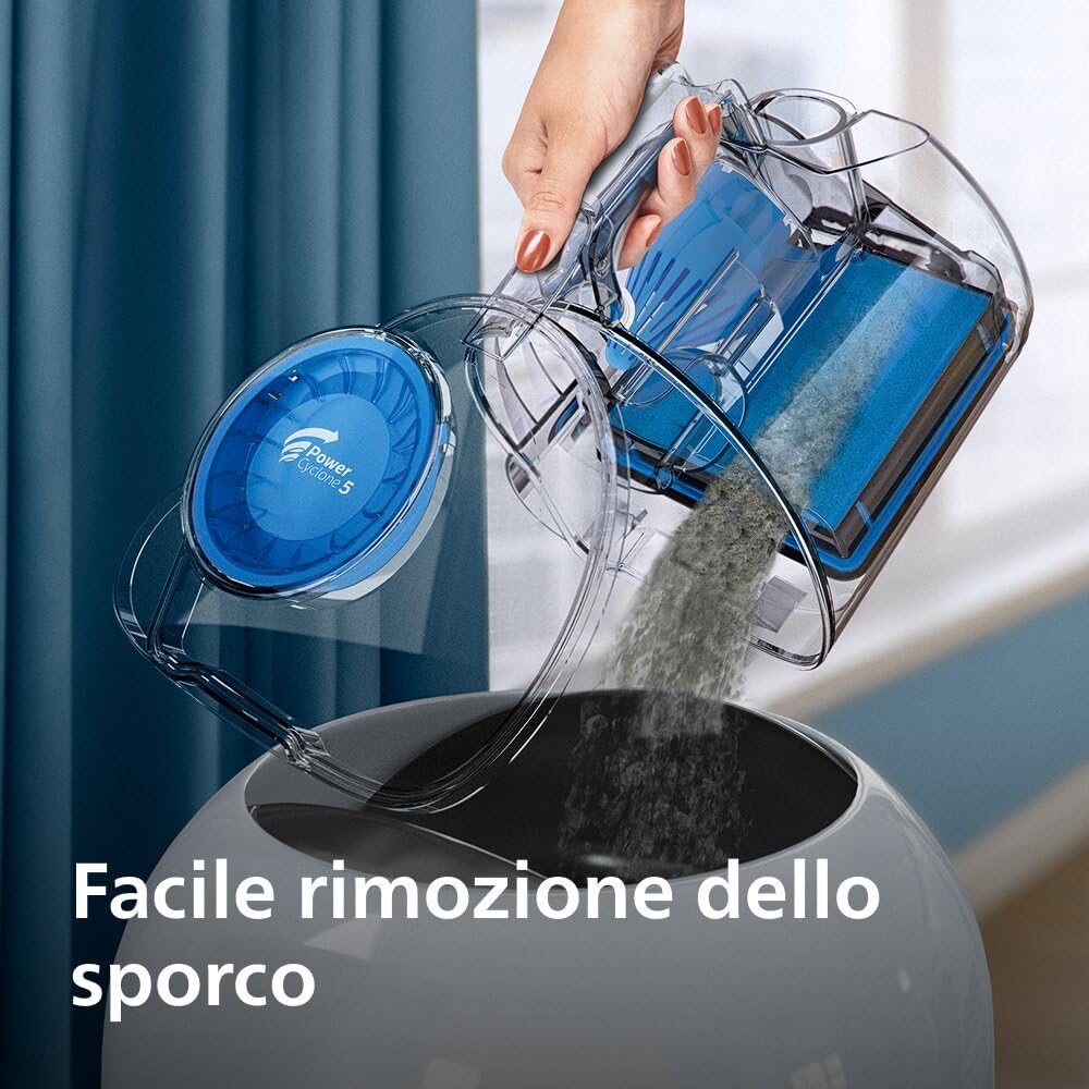 Aspirapolvere senza sacco Philips PowerPro Compact – Leggero, Potenza di Aspirazione 900 W, Bocchetta TriActive Per Pavimenti Duri e Tappeti, Filtro HEPA H13 Antiallergico, PowerCyclone 5 (FC9332/09)