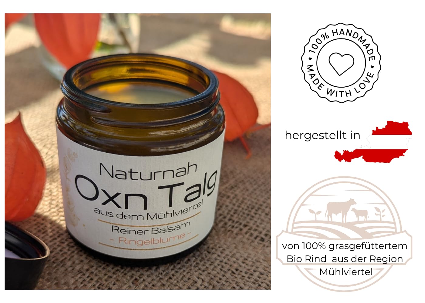 Handgemachte Bio Rindertalg Creme von grasgefütterten Bio Rindern aus Österreich (Region Mühlviertel), natürliche Hautpflege, hilft bei empfindlicher, trockener und rissiger Haut (120 ml), Ringelblume