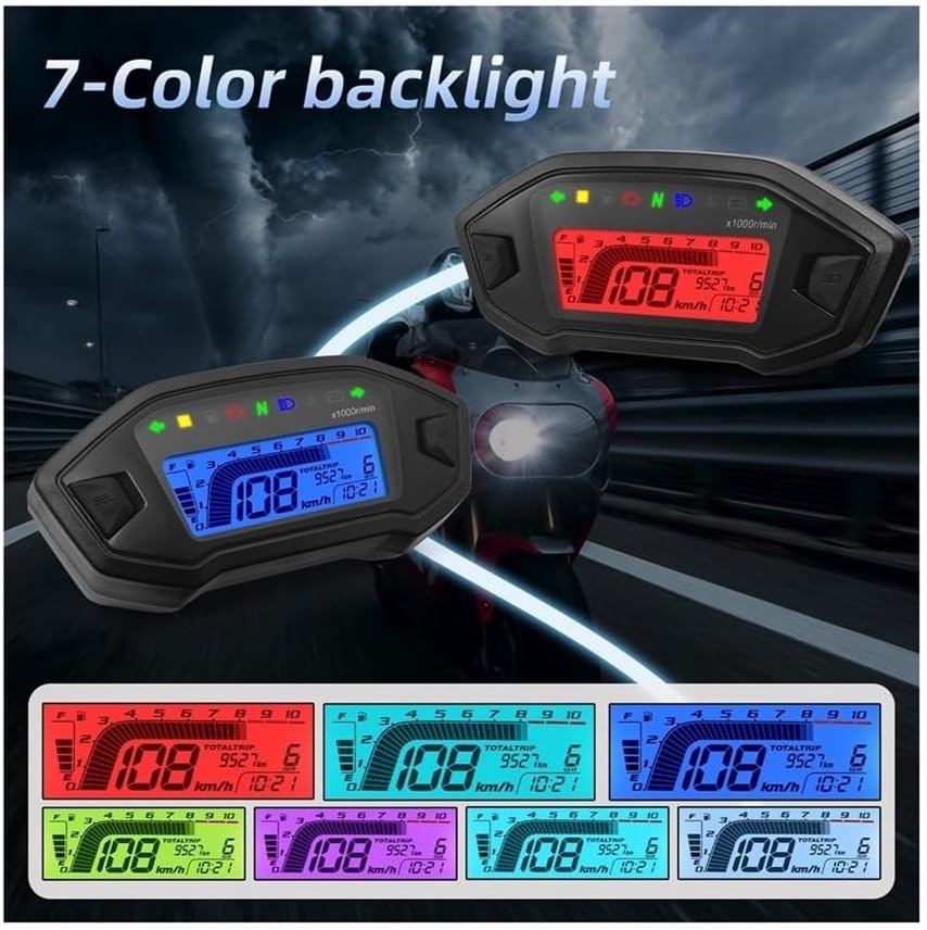 Motorcycle Speedometer Gauge 7 Colors Digital Tachometer Moto Dashboard 10000RPM Motorcycle L Display Odometer for 1,2,4 Cylinder