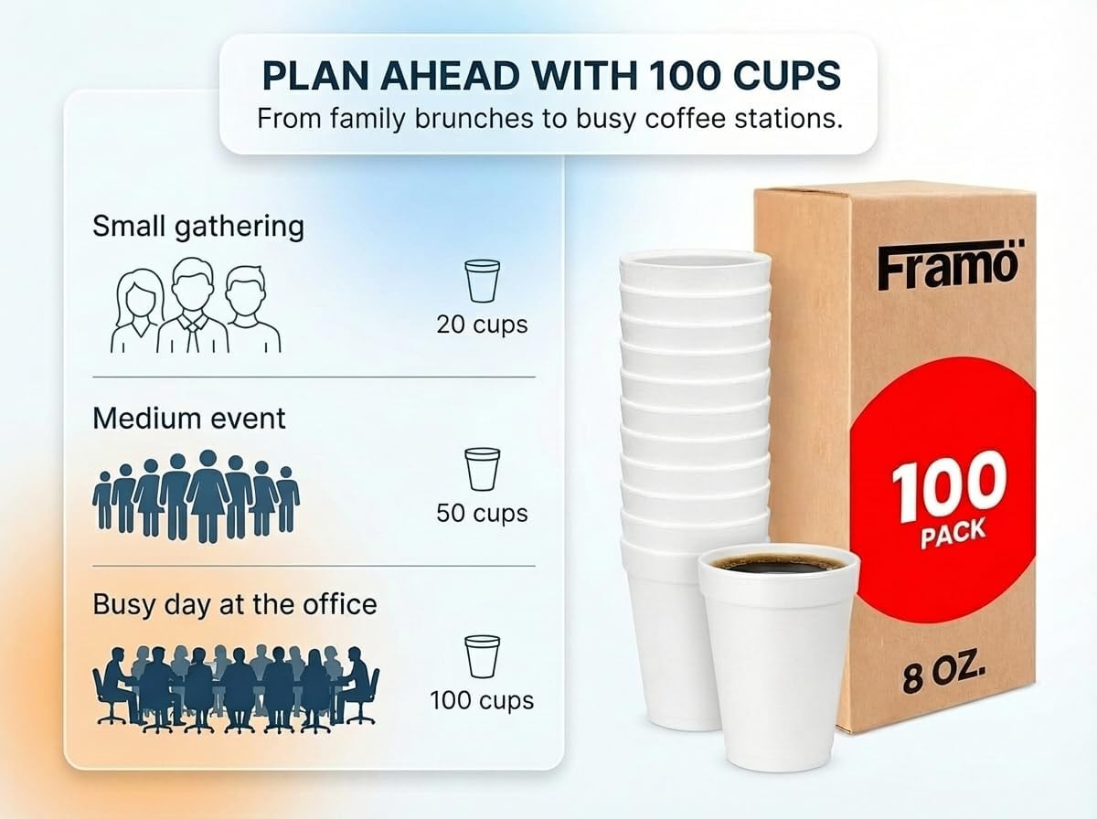 Framo 8 Oz Foam Cups Lightweight Insulated Cups for Coffee, Cold Drinks & Other Hot Beverages - Disposable Drinking Cups for Parties, Picnic, BBQ, Travel, & Events (100 Pack)