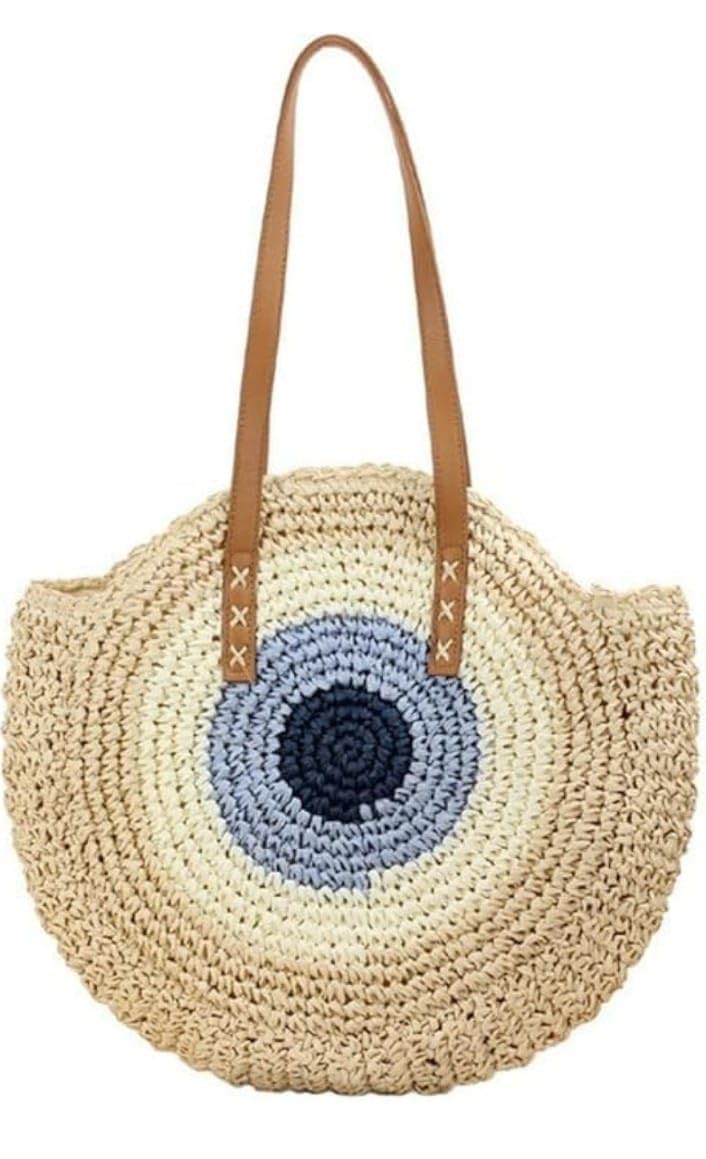 Evil-eye Straw Wicker Handmade Boho Summer Beach Round Shoulder Bag, Polyurethane, Medium, Compact, Fashion, Clutch Handbag-picture-33