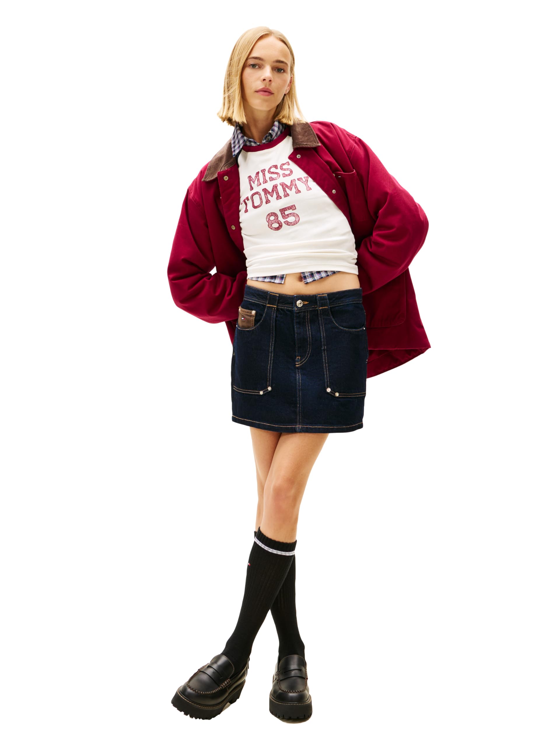 Tommy Jeans Womens Denim Mini Skirt with Pocket and Embroidered Flag Logo