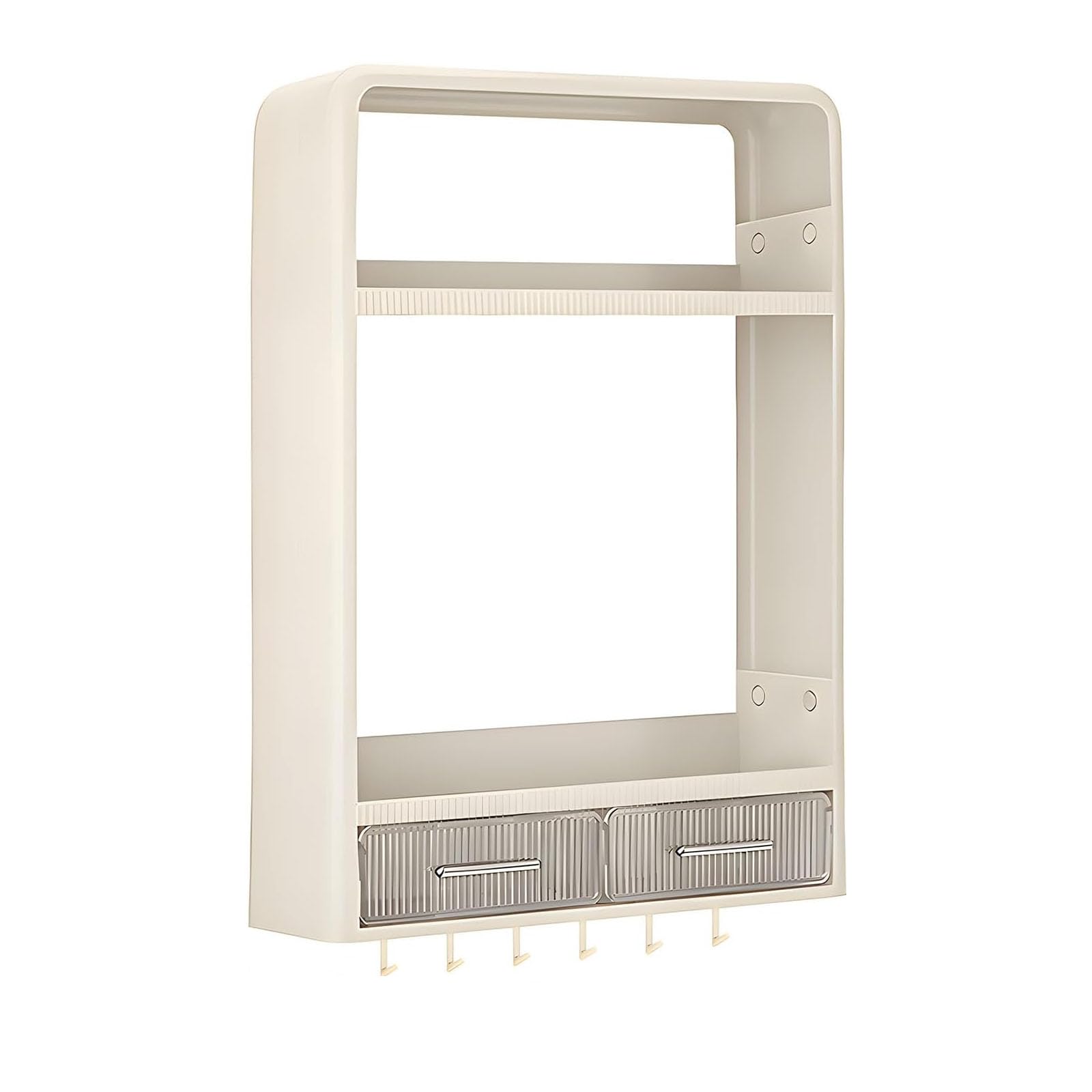 Organizador de especias, montaje en pared, 2 estantes, almacenamiento de plástico para cocina y baño, incluye cajones y ganchos para una organización eficiente
