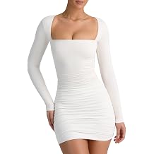 LCNBA Womens Long Sleeve Square Neck Ruched Bodycon Mini Dress