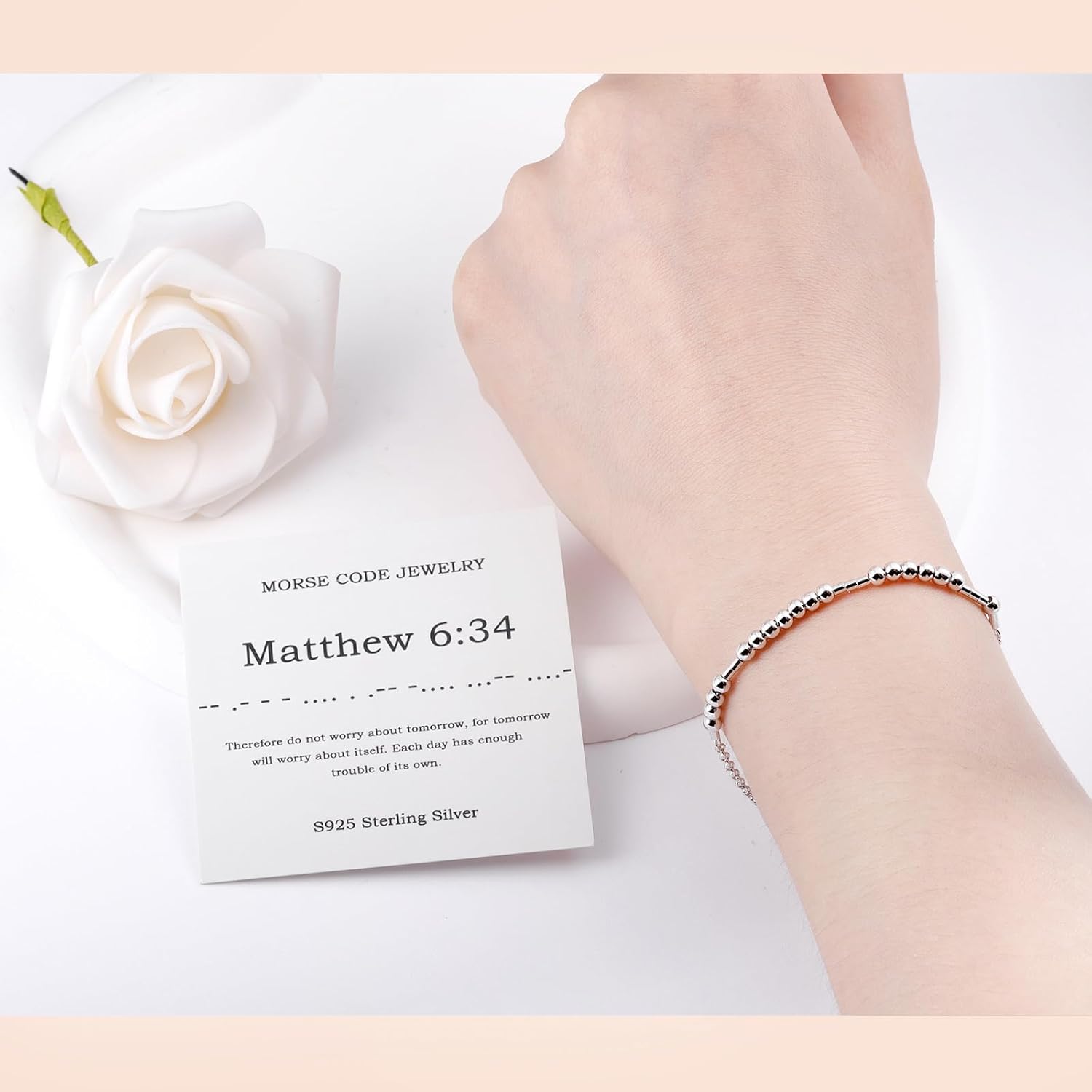 Morse Code Bracelets for Women - 925 Sterling Sliver Christian Bible Verse Morse Code Bracelets Scripture Braceles Adjustable Inspirational Faith Jewelry Religious Christian Gifts for Women Daughter - Image 2