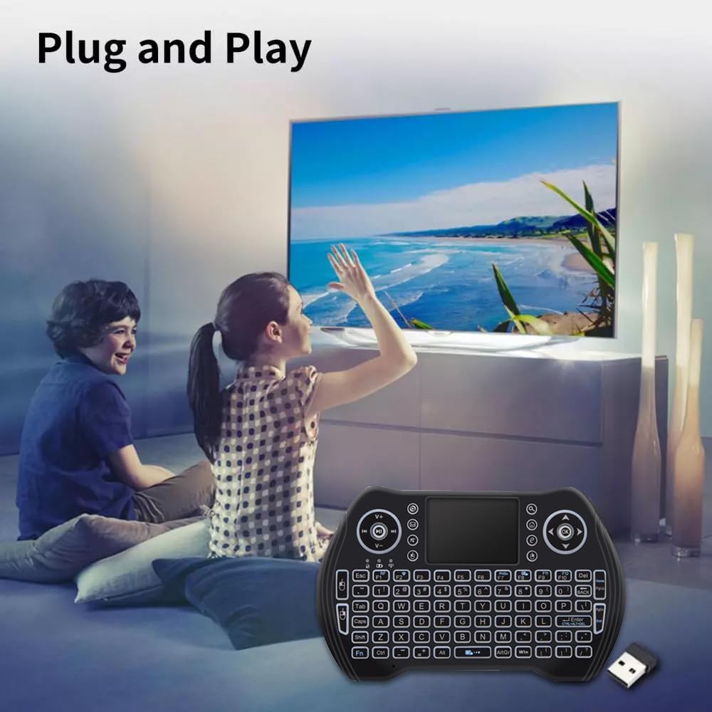 People using BOXPUT MT10 Mini Wireless Keyboard with a TV, illustrating plug and play setup