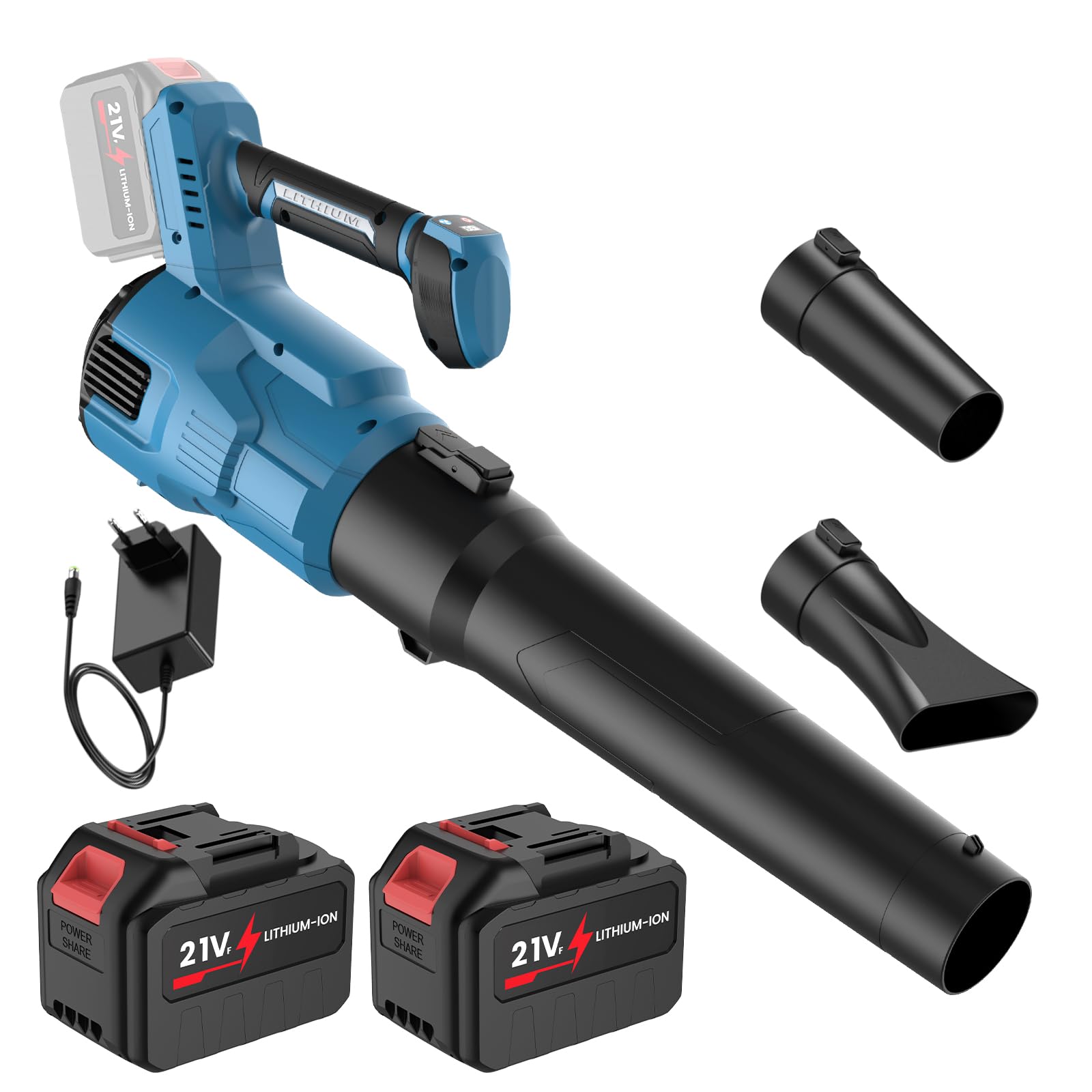 Soplador de Hojas 21V, Soplador de Hojas Batería 2×4.5Ah, 3 Velocidades, Velocidad Máxima del Viento 240KM/H, 19300 RPM Motor sin Escobillas, para Eliminar Nieve y Polvo
