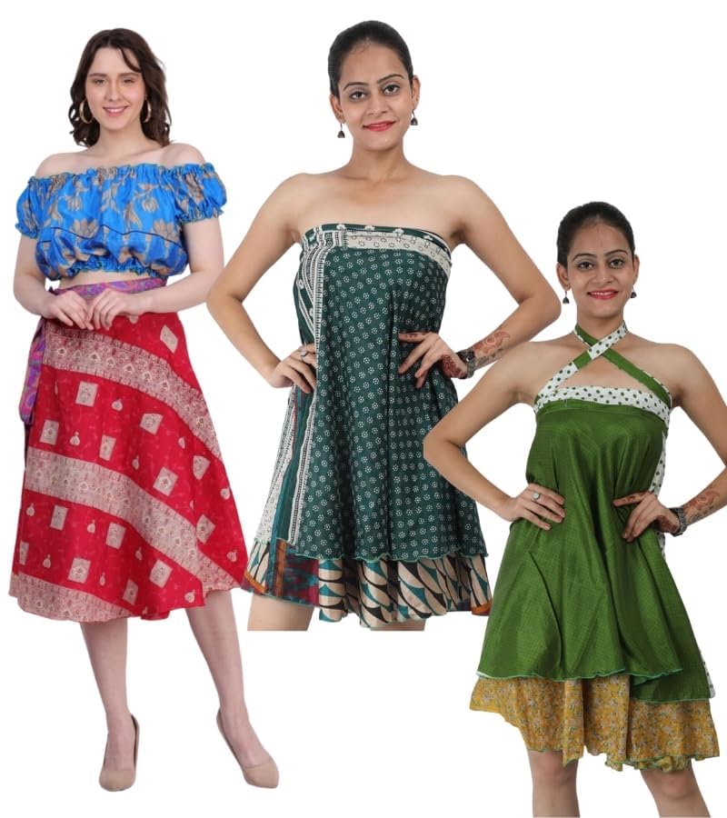Wevez® Pack of 3 Pcs Original Two Layer Printed Wrap Around Skirts (Midi Length)3