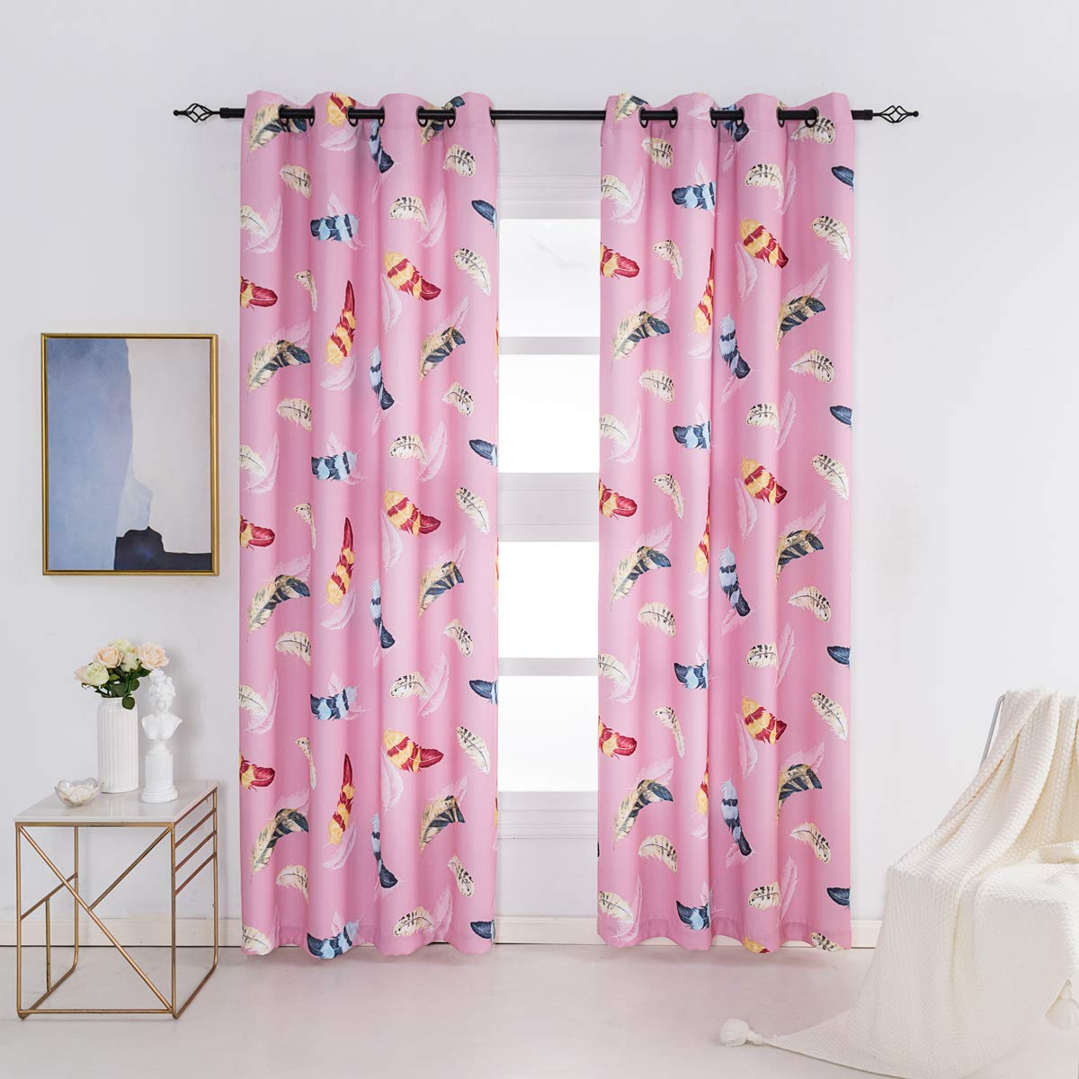 Kotile Pink Curtains 2 Panels for Bedroom - Room Darkening Thermal Insulated Feather Print Pattern Curtains 84 Inch Long, 52 x 84 Inches, Set of 2 Panels